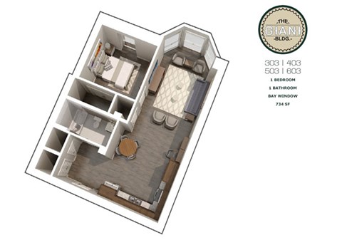 Floor plan for 1 bed, 1 bath, 734 sqft
