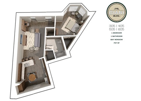 Floor plan for 1 bed, 1 bath, 797 sqft