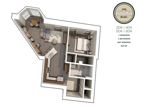 Floor plan for 1 bed, 1 bath, 835 sqft