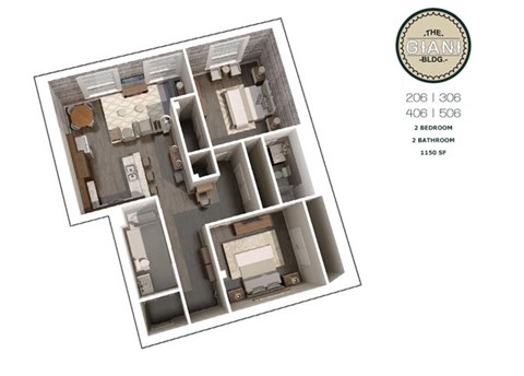 Floor plan for 2 beds, 2 baths, 1150 sqft