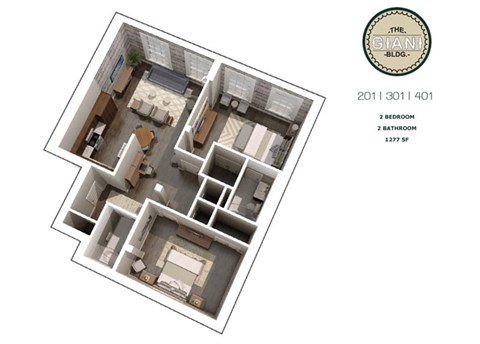 Floor plan for 2 beds, 2 baths, 1277 sqft