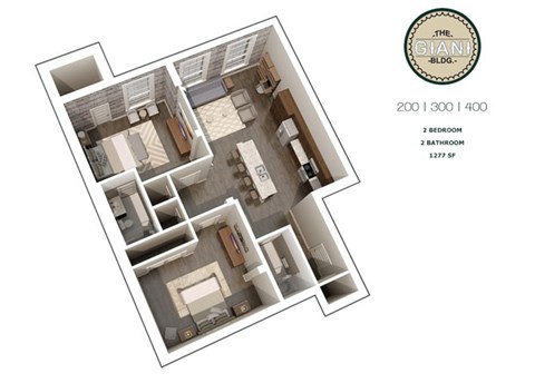 Floor plan for 2 beds, 2 baths, 1277 sqft