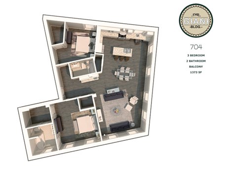 Floor plan for 3 beds, 2 baths, 1373 sqft