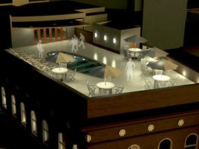 New Orleans apartment for rent - A 3D rendered image of a rooftop patio with tables and chairs.