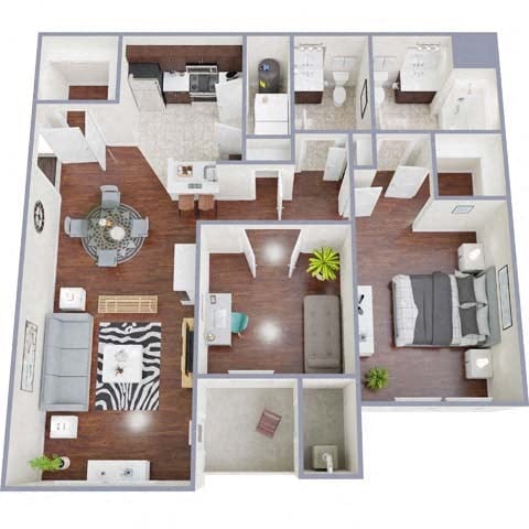 Floor plan for 1 bed, 1.5 baths, 966 sqft