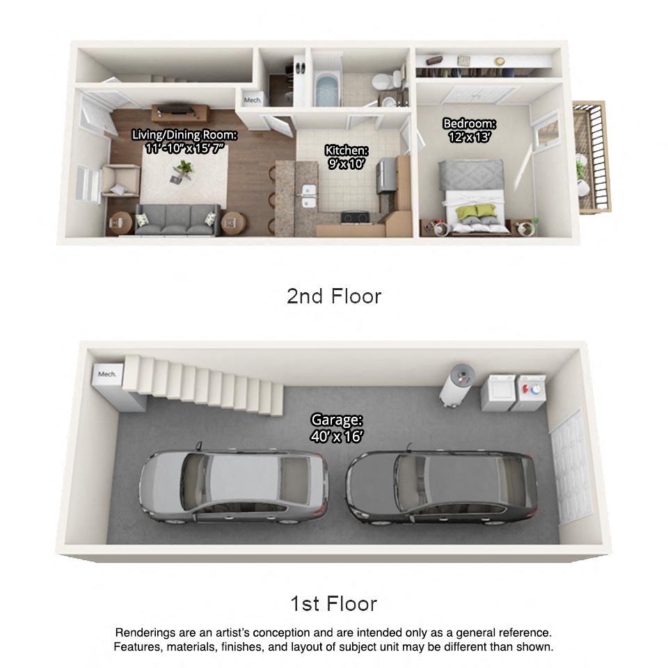 Floor plan for 1 bed, 1 bath, 640 sqft