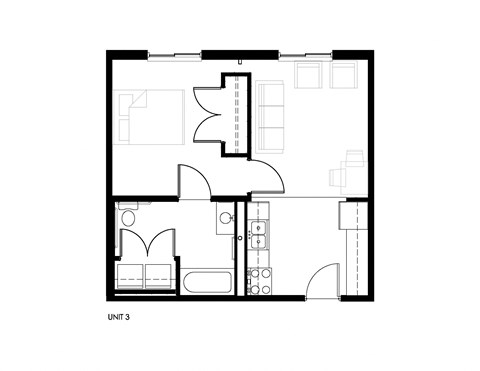 Floor plan for 1 bed, 1 bath, 500 sqft
