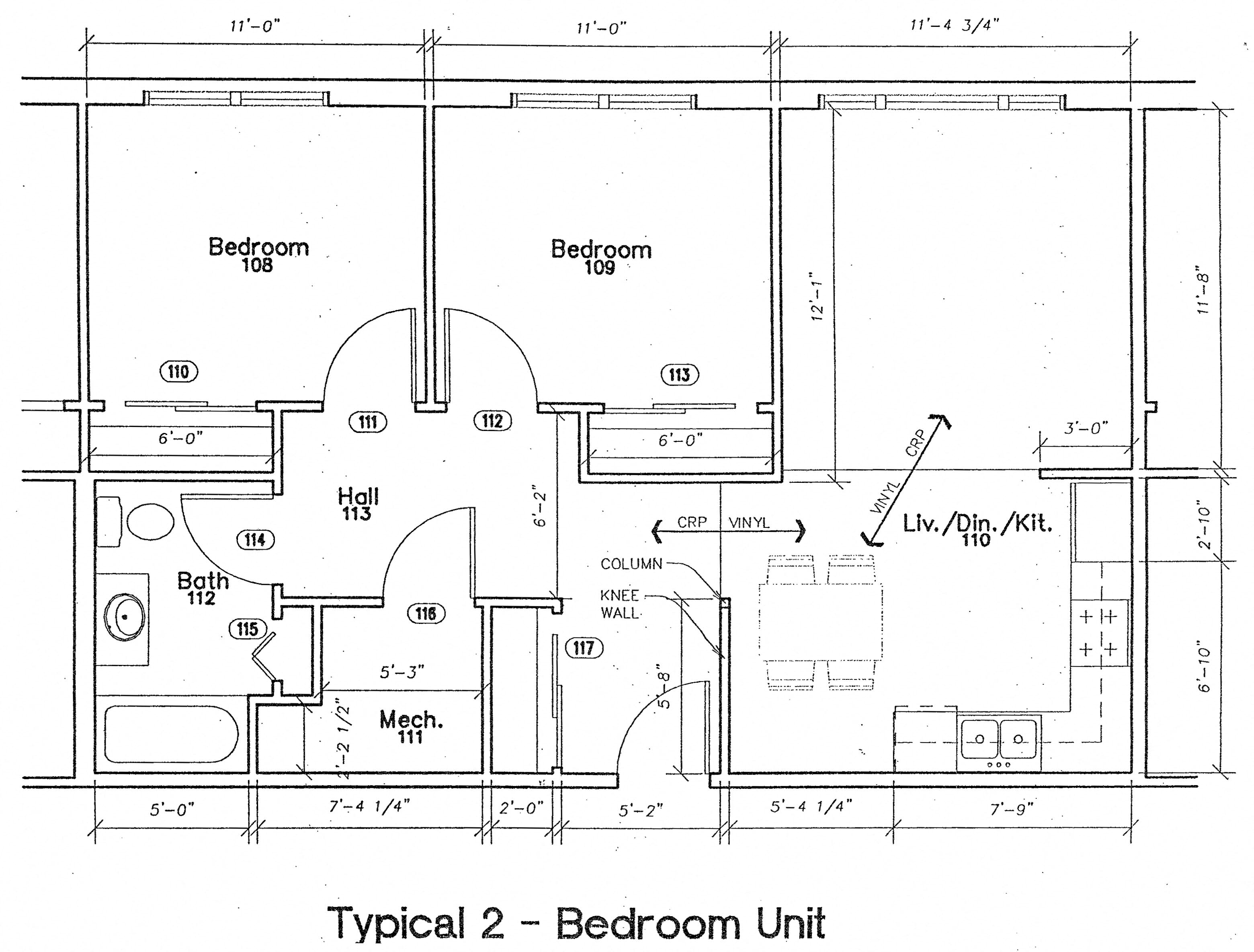 Floor plan for 2 beds, 1 bath, 730 sqft