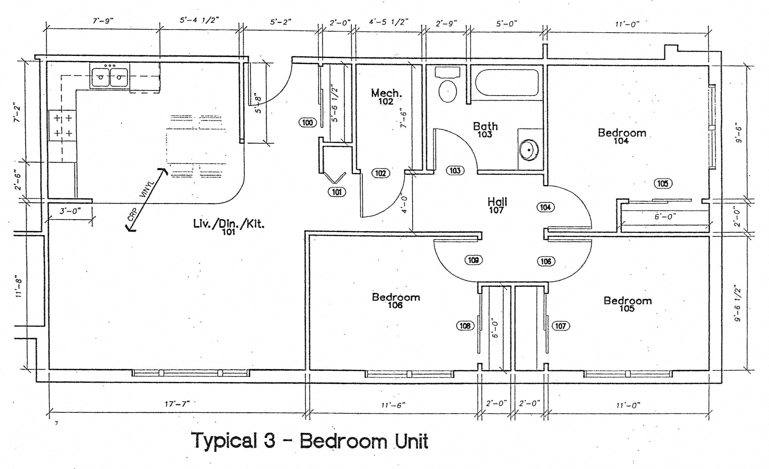 Floor plan for 3 beds, 1 bath, 980 sqft