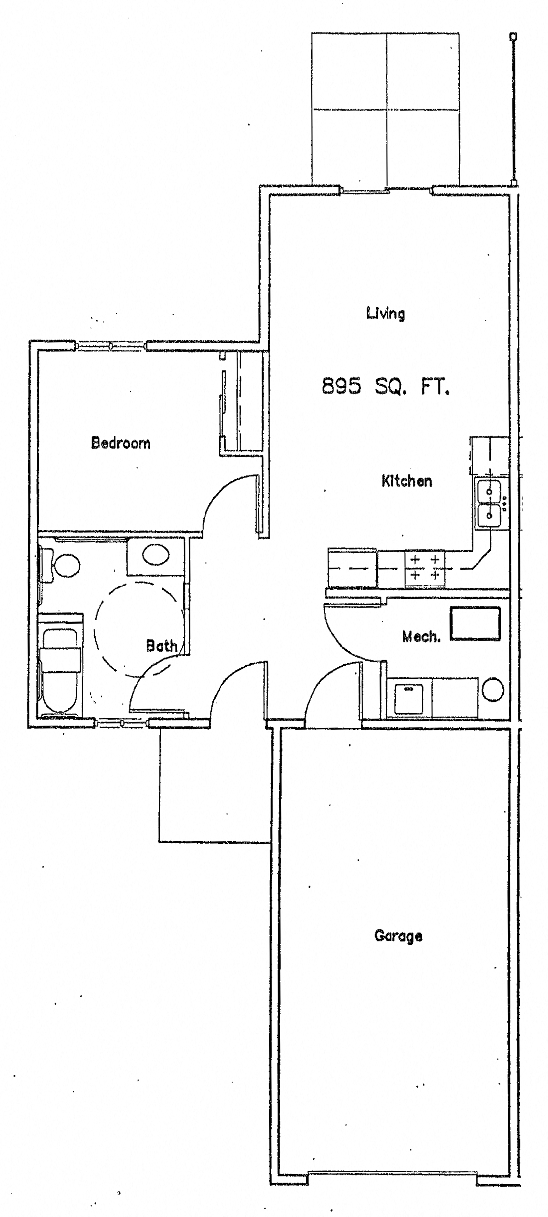 Floor plan for 1 bed, 1 bath, 895 sqft