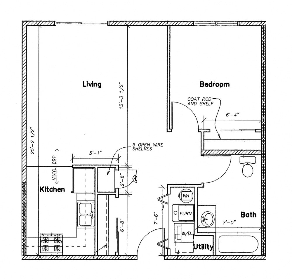 Floor plan for 1 bed, 1 bath, 688 sqft