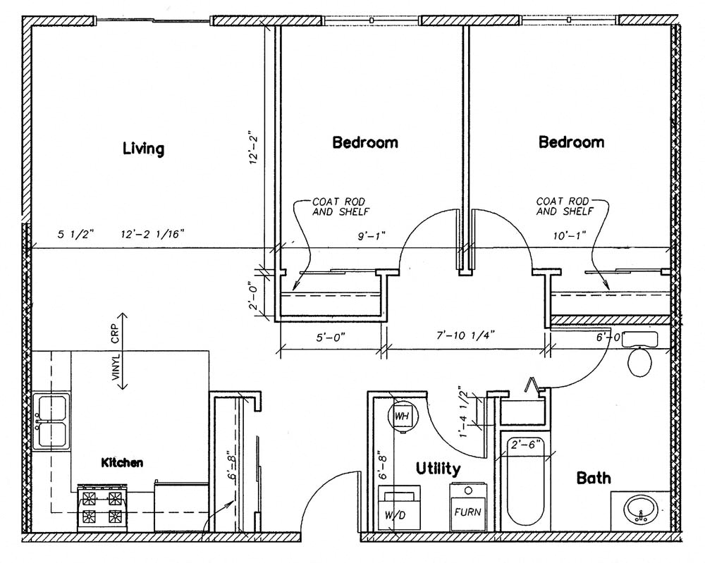 Floor plan for 2 beds, 1 bath, 843 sqft