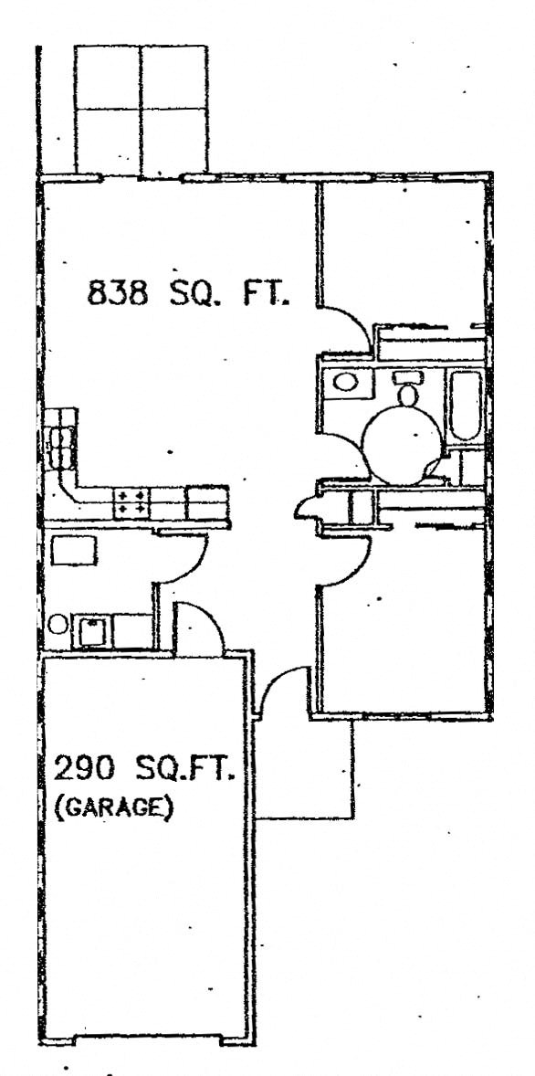 Floor plan for 2 beds, 1 bath, 952 sqft