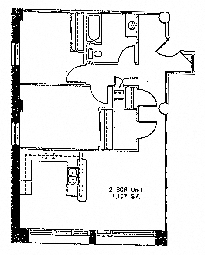 Floor plan for 2 beds, 1 bath, 1107 sqft