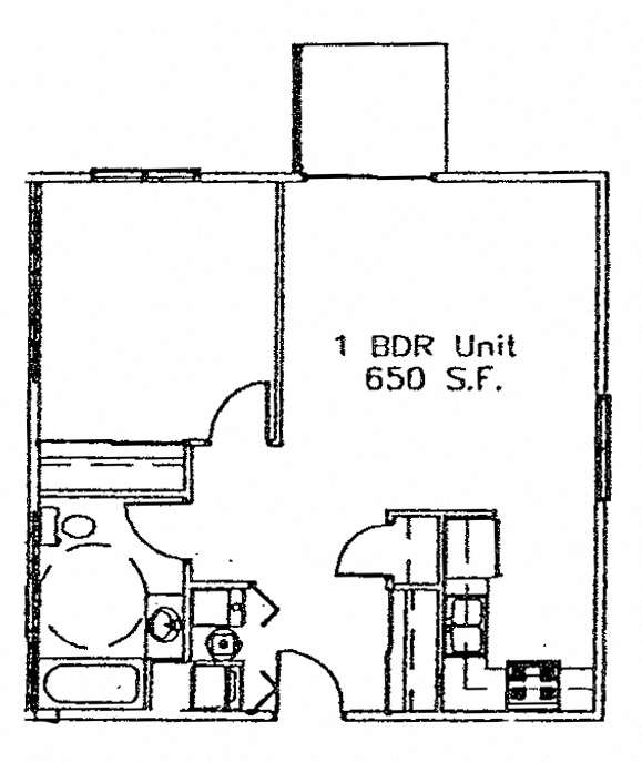 Floor plan for 1 bed, 1 bath, 650 sqft