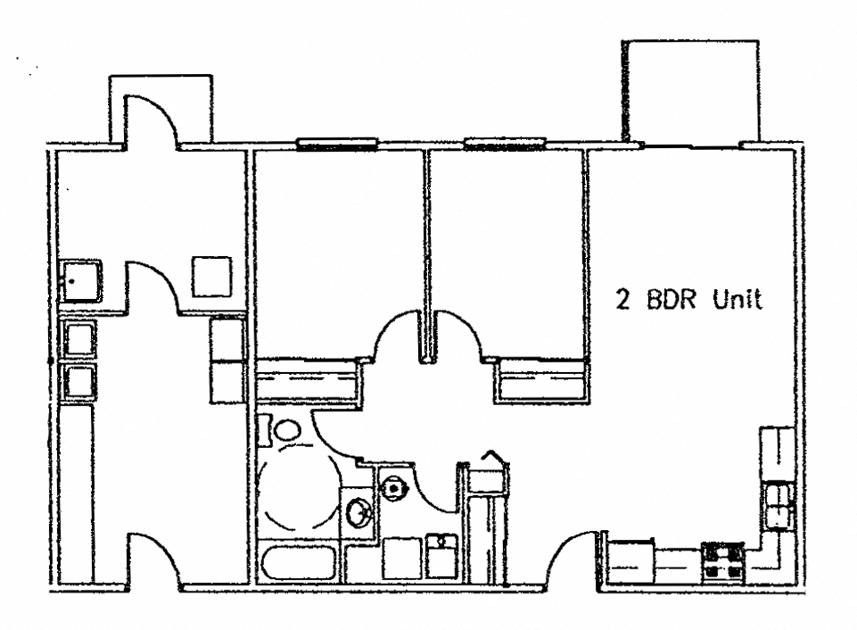 Floor plan for 2 beds, 1 bath, 805 sqft