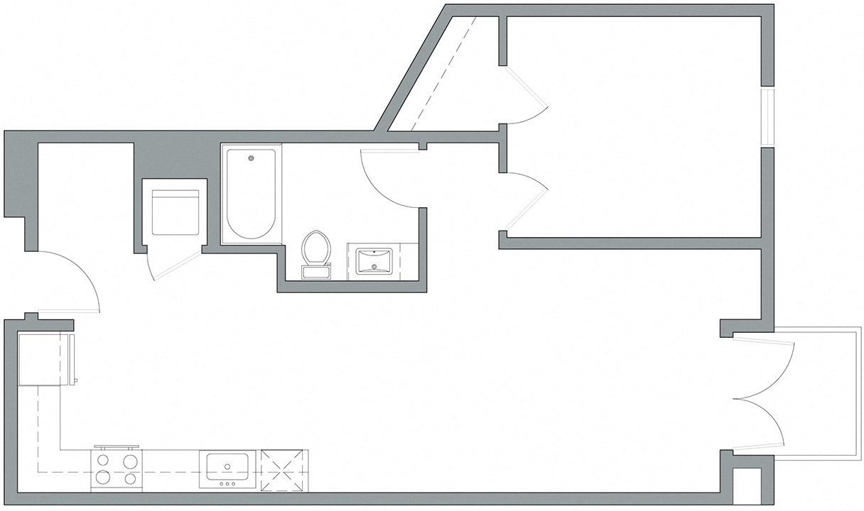 Floor plan for 1 bed, 1 bath, 837 sqft