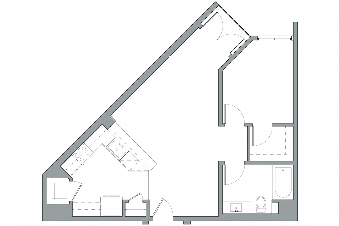 Floor plan for 1 bed, 1 bath, 819 sqft