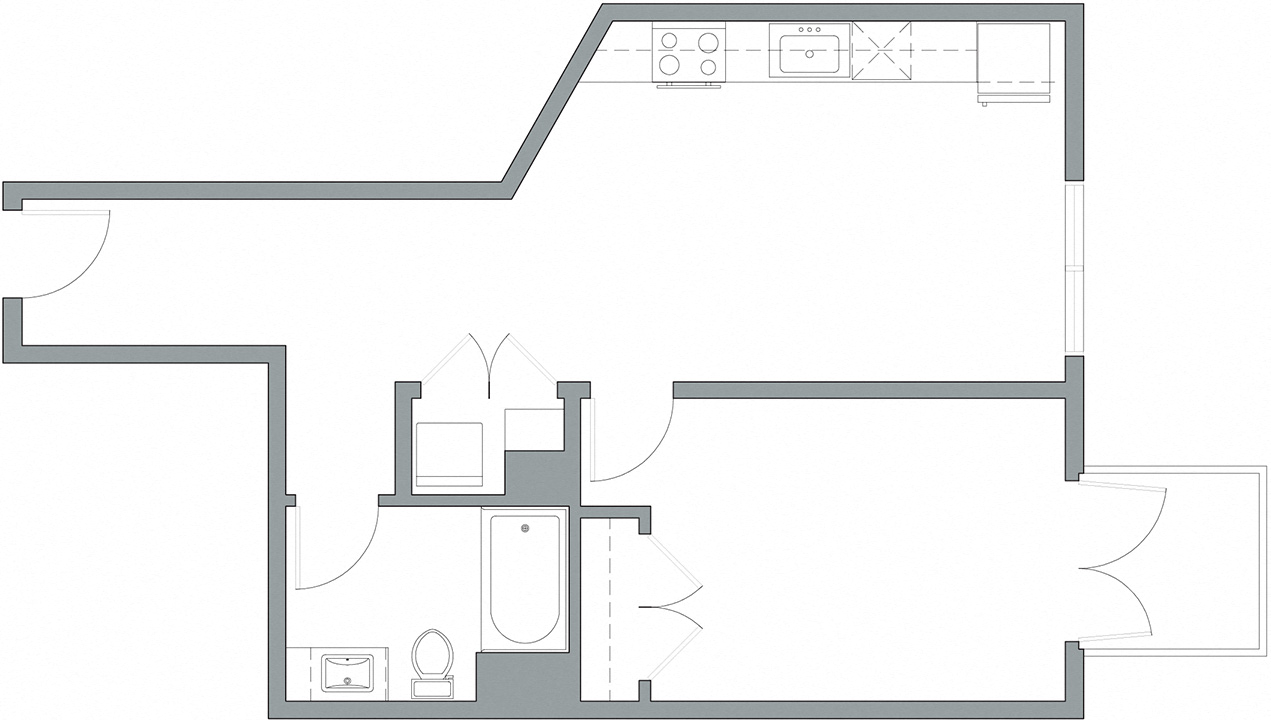 Floor plan for 1 bed, 1 bath, 682 sqft