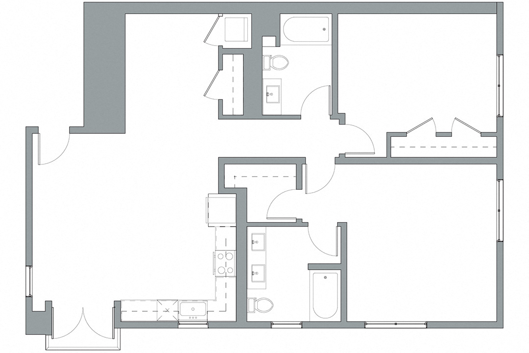 Floor plan for 2 beds, 2 baths, 1304 sqft