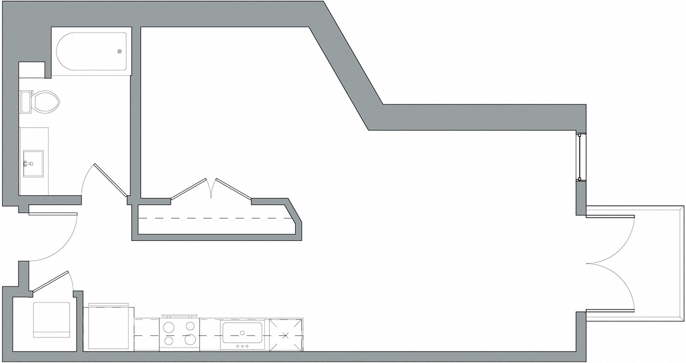 Floor plan for studio, 1 bath, 733 sqft