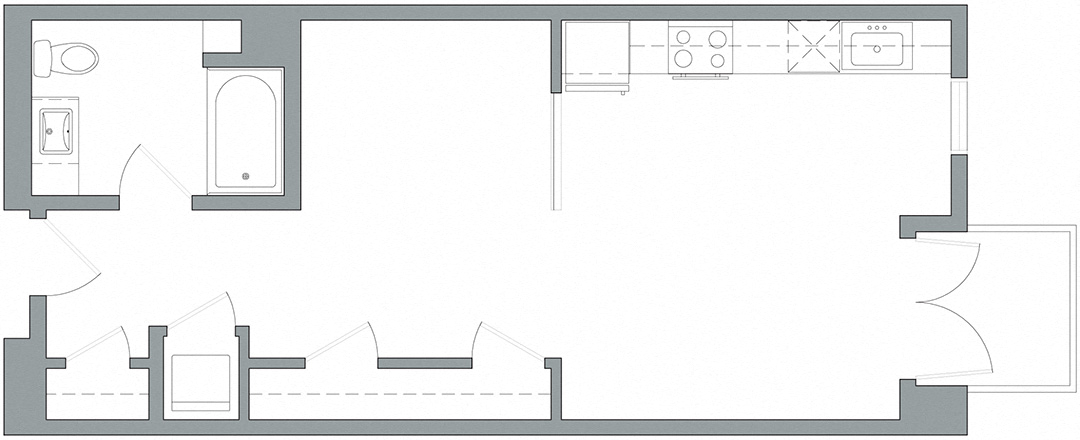Floor plan for studio, 1 bath, 643 sqft