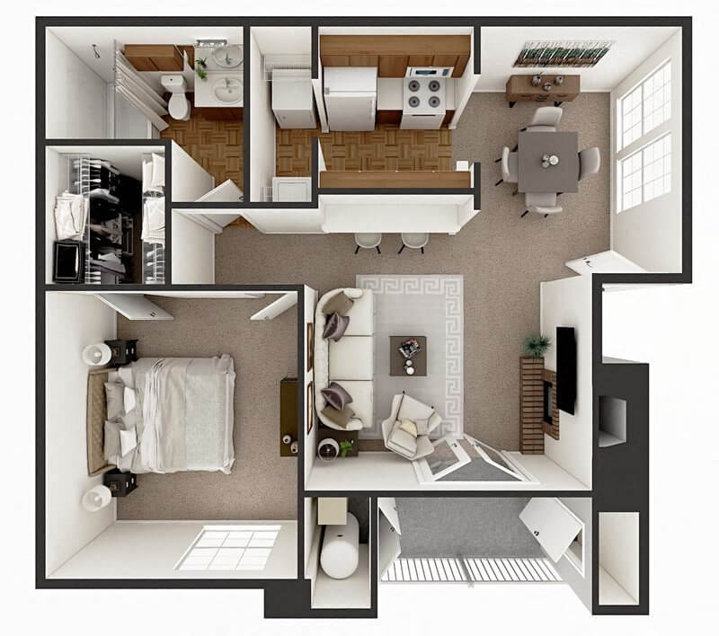 Floor plan for 1 bed, 1 bath, 700 sqft