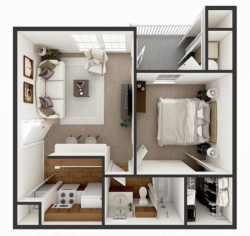 Floor plan for 1 bed, 1 bath, 560 sqft