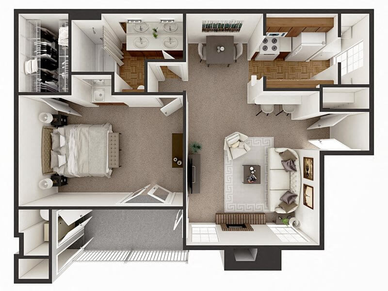Floor plan for 1 bed, 1 bath, 800 sqft
