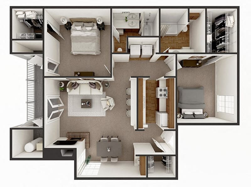 Floor plan for 2 beds, 2 baths, 1050 sqft