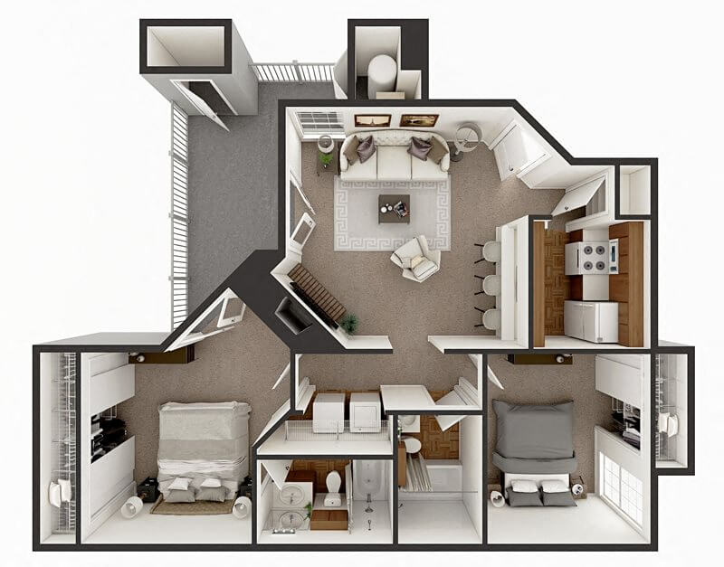 Floor plan for 2 beds, 2 baths, 960 sqft