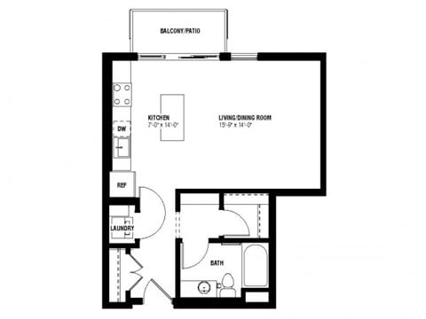 Floor plan for studio, 1 bath, 544 sqft