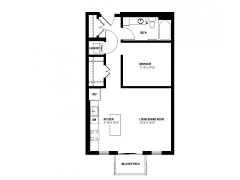 Floor plan for studio, 1 bath, 633 sqft