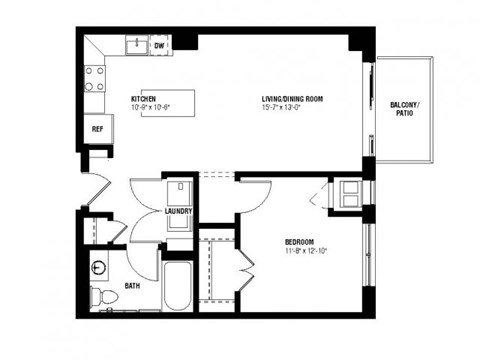 Floor plan for 1 bed, 1 bath, 718 sqft