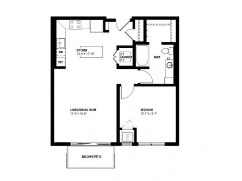 Floor plan for 1 bed, 1 bath, 739 sqft