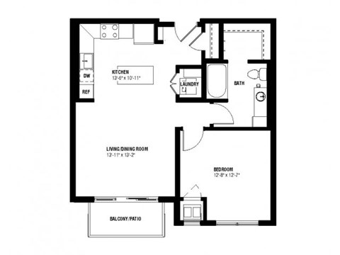 Floor plan for 1 bed, 1 bath, 691 sqft