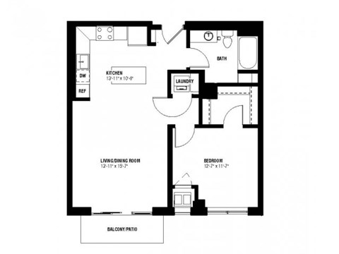 Floor plan for 1 bed, 1 bath, 703 sqft