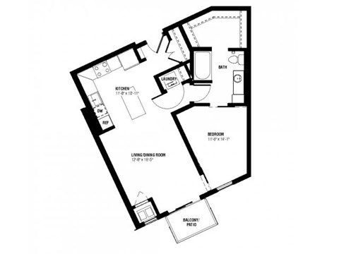Floor plan for 1 bed, 1 bath, 665 sqft