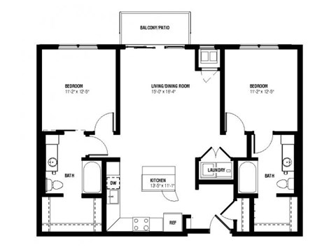Floor plan for 2 beds, 2 baths, 1044 sqft