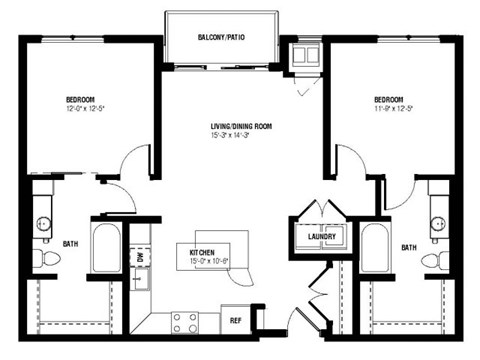 Floor plan for 2 beds, 2 baths, 1030 sqft