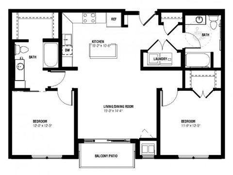 Floor plan for 2 beds, 2 baths, 1056 sqft