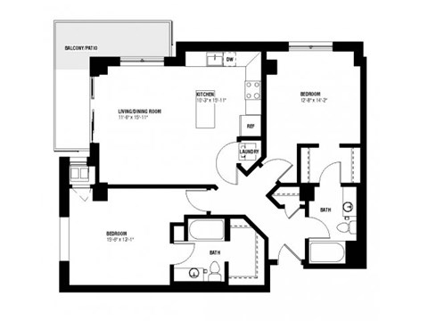 Floor plan for 2 beds, 2 baths, 1156 sqft