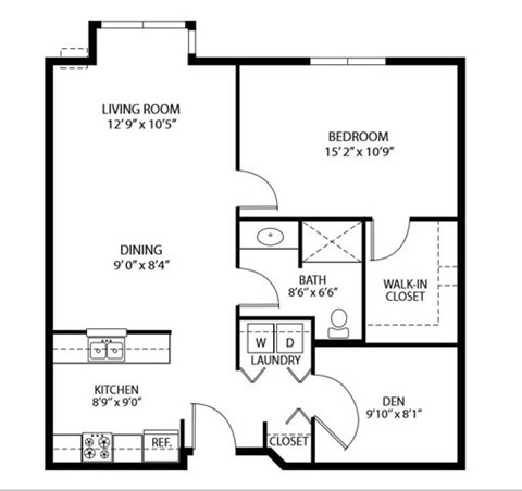 Floor plan for 1 bed, 1 bath, 861 sqft