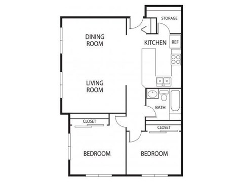 Floor plan for 2 beds, 1 bath, 950 sqft