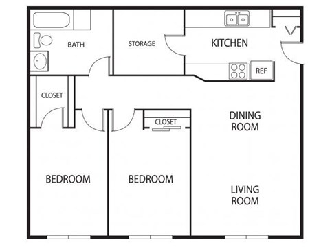 Floor plan for 2 beds, 1 bath, 1000 sqft