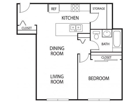Floor plan for 1 bed, 1 bath, 700 sqft