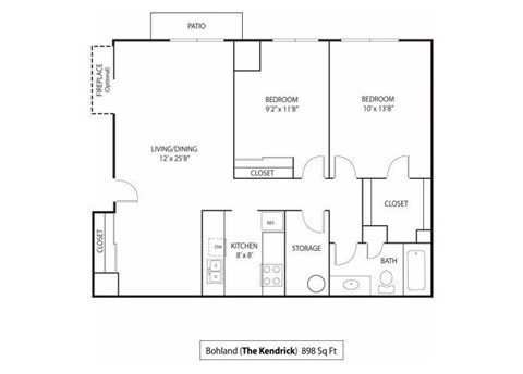Floor plan for 2 beds, 1 bath, 898 sqft