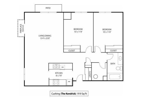 Floor plan for 2 beds, 1 bath, 919 sqft