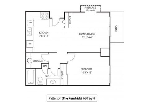 Floor plan for 1 bed, 1 bath, 630 sqft