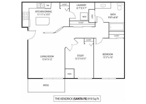 Floor plan for 1 bed, 1 bath, 898 sqft